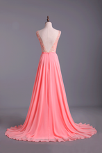 Load image into Gallery viewer, 2024 Bateau A-Line Chiffon Prom Dresses With Ribbon Sweep Train