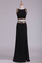 Load image into Gallery viewer, 2024 Black Open Back Two Pieces Sheath Prom Dresses Spandex With Beads And Slit
