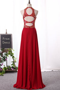 2024 A Line Scoop Prom Dresses Chiffon With Beaded Bodice Floor Length