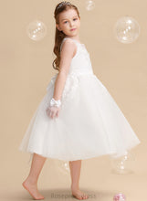 Load image into Gallery viewer, A-Line With Tea-length Sleeveless Beading/Flower(s) Meghan Tulle/Lace Dress - Flower Girl Scoop Flower Girl Dresses Neck