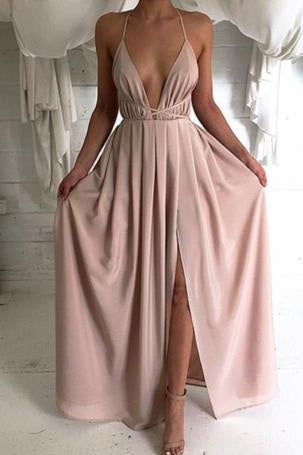 New Style Sexy Backless Long V-Neck Halter Sleeveless Simple Cheap Pink Prom Dresses RS773