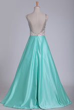 Load image into Gallery viewer, 2024 A Line V Neck Open Back Prom Dresses Beaded Bodice Satin