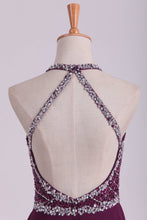 Load image into Gallery viewer, 2024 Grape A Line Prom Dresses Halter Beaded Bodice Open Back Sweep Train Chiffon &amp; Tulle