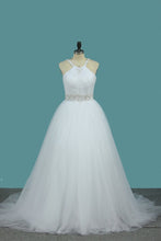 Load image into Gallery viewer, 2024 A Line Wedding Dress Halter Beaded Straps And Waistline Tulle Pleated Bodice