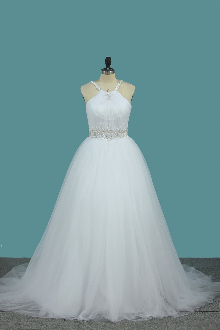 2024 A Line Wedding Dress Halter Beaded Straps And Waistline Tulle Pleated Bodice