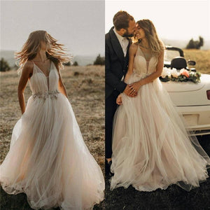 Spaghetti Straps Tulle Deep V-Neck Wedding Dresses, Romantic Bohemian Beach Bridal Dress SRS15421
