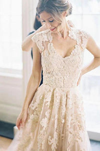 Elegant V-Neck Sleeveless Cap Sleeves Floor-Length Wedding Dress With SRSPRQZPNT7