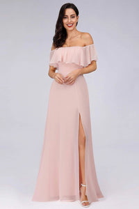 Charming Off Shoulder Ruffle Pink Chiffon Long Prom Dresses Bridesmaid Dresses SRS15114