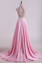 Load image into Gallery viewer, 2024 Two-Piece High-Neck Beaded Bodice Taffeta Prom Dresses