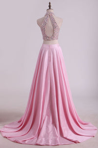2024 Two-Piece High-Neck Beaded Bodice Taffeta Prom Dresses