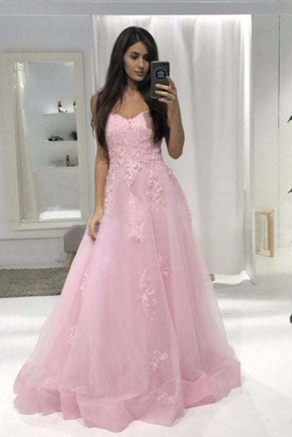 Sweetheart Straps Sleeveless Floor Length Tulle Lace Appliques Prom Dresses