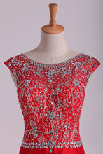 Load image into Gallery viewer, 2024 Red Bateau Lace&amp;Taffeta Prom Dresses Mermaid With Beads