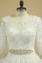 Load image into Gallery viewer, 2024 Scoop Mid-Length Sleeves Wedding Dresses A Line Tulle With Applique &amp; Beads