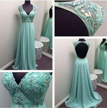 Load image into Gallery viewer, Long Blue Backless Chiffon Beading Open Back V-Neck Sleeveless Prom Dresses RS142
