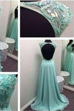 Load image into Gallery viewer, Long Blue Backless Chiffon Beading Open Back V-Neck Sleeveless Prom Dresses RS142