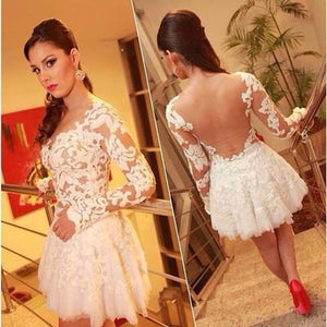 Sexy See Through Long Sleeve Lace Sexy White Appliques Homecoming Dresses RS957