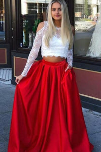 2024 Long Sleeves Scoop Prom Dresses A Line Satin Two Pieces