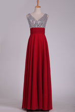 Load image into Gallery viewer, 2024 Prom Dresses V Neck Chiffon With Beading A Line Sweep Train