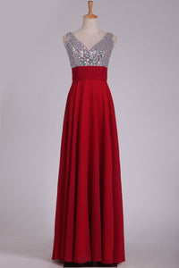 2024 Prom Dresses V Neck Chiffon With Beading A Line Sweep Train
