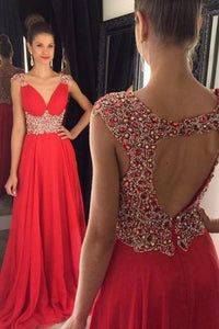 Open Back Red Chiffon V-Neck Cap Sleeve Lace A-Line Beads Prom Dresses RS961