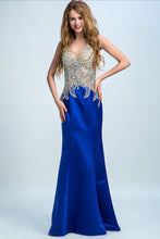 Load image into Gallery viewer, 2024 Dark Royal Blue Two-Tone Mermaid Prom Dresses V-Neck Beaded Bodice Satin &amp; Tulle