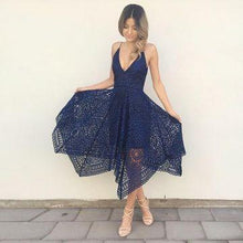 Load image into Gallery viewer, Navy Blue Deep V-neck Spaghetti Straps Sleeveless Asymmetry Lace A-line Bridesmaid Dress RS624