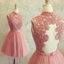 Load image into Gallery viewer, Short Prom Dresses High Neck Sleeveless Tulle Pink Lace Homecoming Dress pst1062