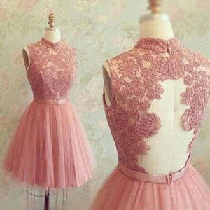 Short Prom Dresses High Neck Sleeveless Tulle Pink Lace Homecoming Dress pst1062