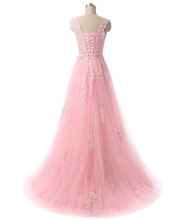 Load image into Gallery viewer, Pretty tulle lace round neck A-line open back long prom dress