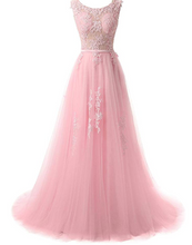 Load image into Gallery viewer, Pretty tulle lace round neck A-line open back long prom dress
