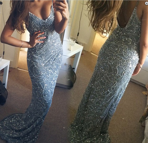 Stunning Mermaid Spaghetti Straps Beading V-Neck Appliques Long Prom Dresses RS923