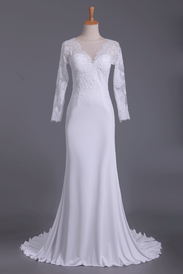2024 Wedding Dresses Scoop Long Sleeves Spandex Court Train With Applique