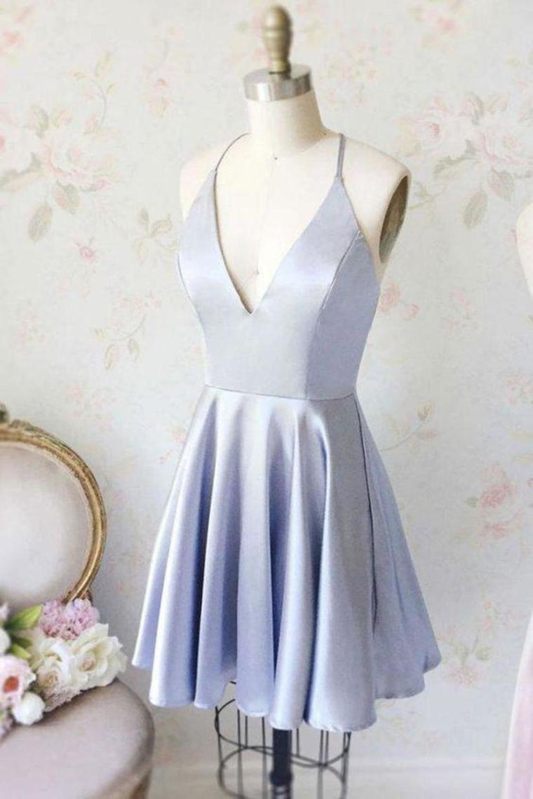 Simple Short Homecoming Dresses, Cheap V Neck Ruched Graduation Dress