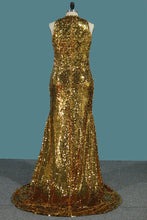 Load image into Gallery viewer, 2024 Sequins Mermaid/Trumpet High Neck Prom Dresses Sweep/Brush Train New Arrival