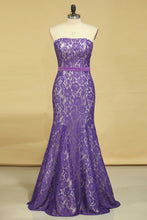 Load image into Gallery viewer, 2024 Purple Strapless Prom Dresses Mermaid Floor Length With Trumpet Lace Skirt