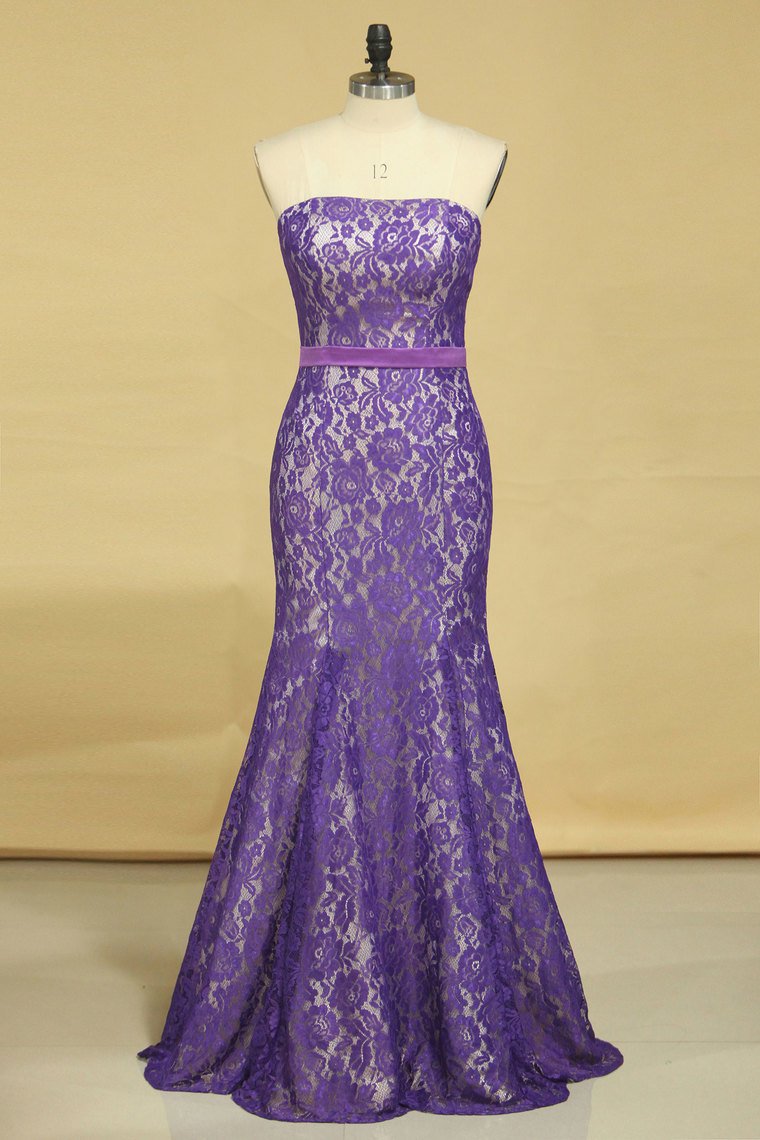 2024 Purple Strapless Prom Dresses Mermaid Floor Length With Trumpet Lace Skirt
