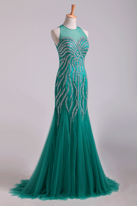 2024 Scoop Mermaid Tulle Prom Dresses Fully Beaded Bodice Sweep Train