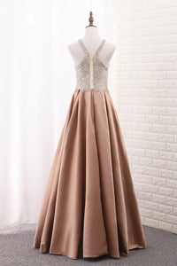 2024 Satin Scoop A Line With Beads Sweep Train Prom Dresses