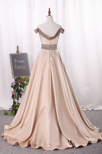 2024 New Arrival Off The Shoulder Satin A Line Prom Dresses Beaded Bodice