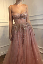 Load image into Gallery viewer, 2024 A-Line Sleeveless Spaghetti Straps Floor-Length Rhinestone Tulle Dresses Evening Dress
