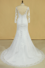 Load image into Gallery viewer, 2024 Plus Size Mermaid Open Back Wedding Dresses 3/4 Length Sleeve Tulle With Applique