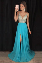 Load image into Gallery viewer, Modest V-Neck Long A-Line Beading Chiffon Prom Dresses Party Dresses