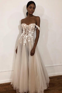 Unique Off The Shoulder Ivory Long Wedding Dress With Appliques Sweetheart Wedding SRSPMJM4785