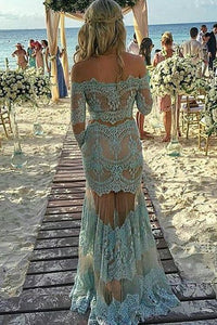 Light blue lace off-shoulder long sleeves see-through long prom dresses evening dress