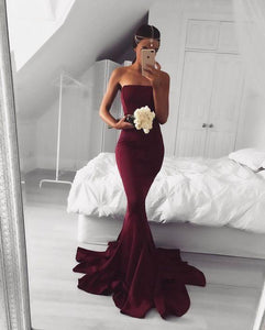 2024 New Sexy Mermaid Burgundy Long Strapless Sleeveless Floor Length Prom Dresses RS767
