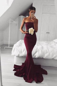 2024 New Sexy Mermaid Burgundy Long Strapless Sleeveless Floor Length Prom Dresses RS767