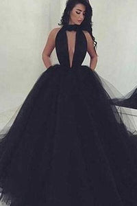 2024 Elegant Black Ball Gown Sexy Backless Long Sleeveless V-Neck Tulle Prom Dresses RS993
