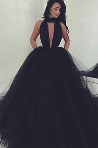 2024 Elegant Black Ball Gown Sexy Backless Long Sleeveless V-Neck Tulle Prom Dresses RS993
