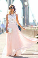 Load image into Gallery viewer, Modest Chiffon Long Blush Pink White Lace A-Line High Neck Floor-Length Prom Dresses RS192