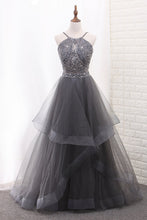 Load image into Gallery viewer, 2023 A Line Tulle Spaghetti Straps Two-Piece Prom Dresses With Beads